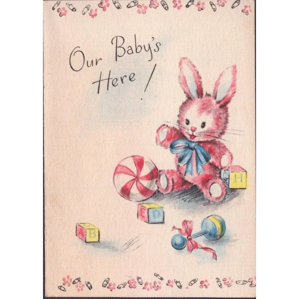 Vintage 1950s Hallmark Birth Announcement Card Pink Bunny Blocks Rattle